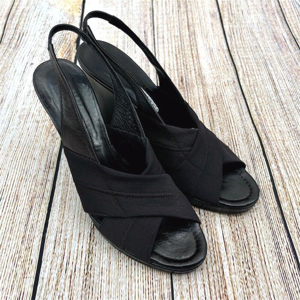 Donald Pliner Mord Women's Size 7.5 Brown Stretch Fabric Wedge Heel Slingbacks